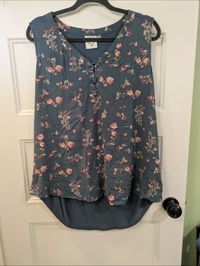 🔴 Janet Chung Blue Top with Pink Floral Trim - 2X